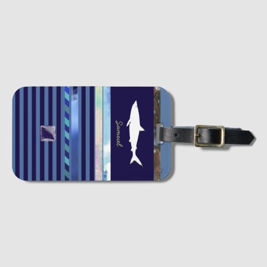 Étiquette À Bagage requin rayé bleu (Devant Horizontal)