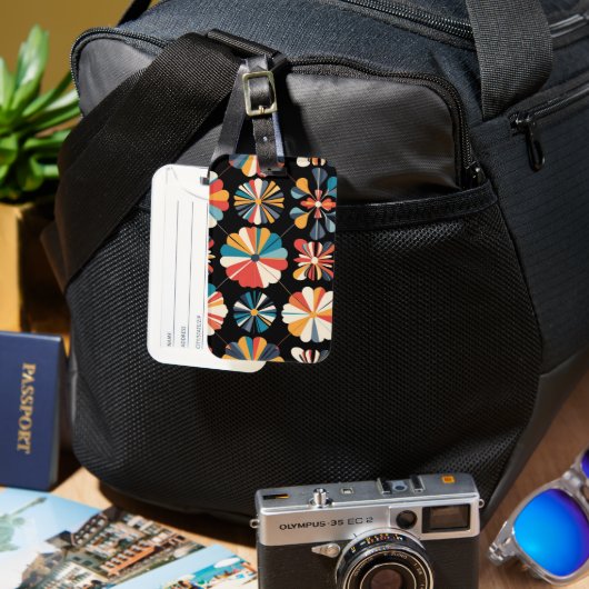 Étiquette À Bagage Retro Black Rainbow geometric Flowers Pattern (Recto & Verso)