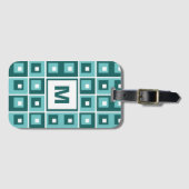 Étiquette À Bagage Retro Blue Geometric Squares Pattern Monogram (Devant Horizontal)