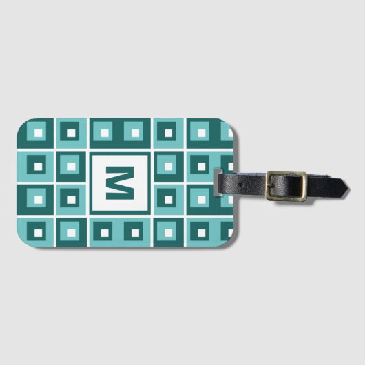 Étiquette À Bagage Retro Blue Geometric Squares Pattern Monogram (Devant Horizontal)