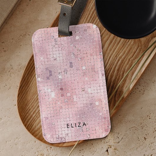 Étiquette À Bagage Retro Blush Pink Disco Mirror | Monogramme
