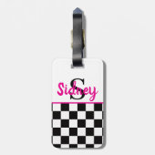 Étiquette À Bagage Retro Checkerboard Neon Pink Name Monogram (Dos Vertical)