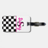 Étiquette À Bagage Retro Checkerboard Neon Pink Name Monogram (Dos horizontal)