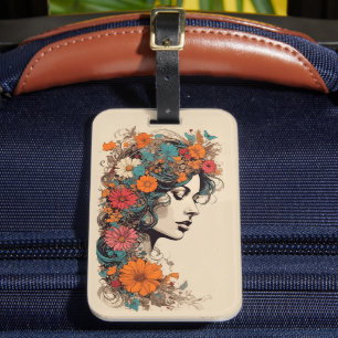 Étiquette À Bagage Retro Girl avec des fleurs dans ses cheveux