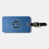 Étiquette À Bagage Revêtement en cuir bleu usé monogramme (Devant horizontal)