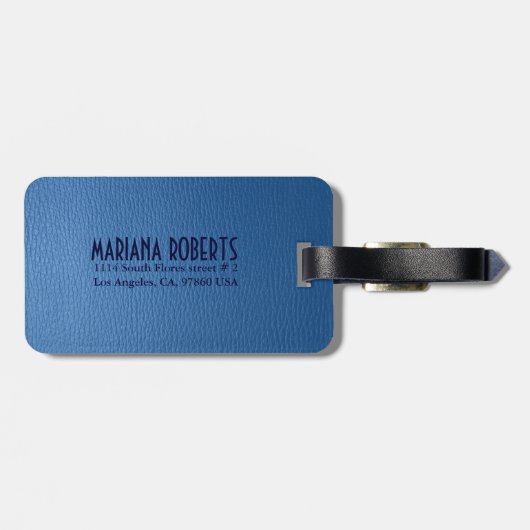 Étiquette À Bagage Revêtement en cuir bleu usé monogramme (Dos horizontal)