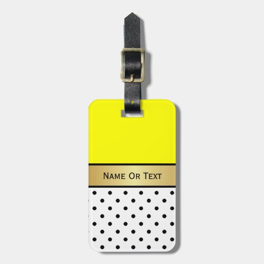 Étiquette À Bagage Ribbon jaune vif, Pois noirs blancs (Devant Vertical)