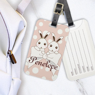 Étiquette À Bagage Ribbon rose Pastel blanc cassé mignon Bunny jumeau
