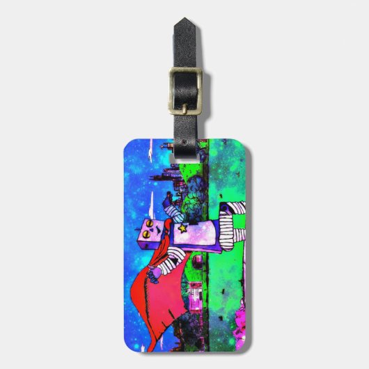 Étiquette À Bagage Robot comique de super héros de style d'espace (Devant Vertical)