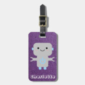 Étiquette À Bagage Robot de dessin mignon violet avec nom (Devant Vertical)