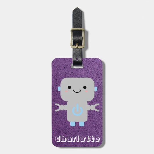 Étiquette À Bagage Robot de dessin mignon violet avec nom (Devant Vertical)