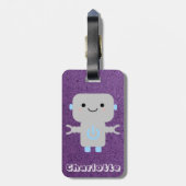 Étiquette À Bagage Robot de dessin mignon violet avec nom (Dos Vertical)