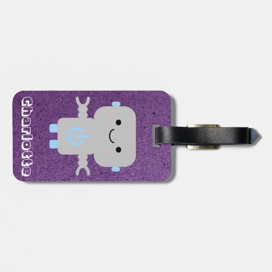 Étiquette À Bagage Robot de dessin mignon violet avec nom (Dos horizontal)
