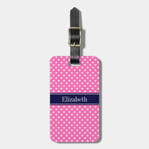 Étiquette À Bagage Rose Chaud #2 Points Blancs Navy Bleu Monogramme N