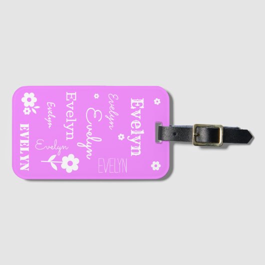 Étiquette À Bagage Rose chaud avec Fleurs blanches, Customisé (Devant Horizontal)