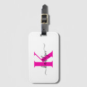 Étiquette À Bagage Rose Chaud Noir Initial Nom Monogrammé (Devant Vertical)