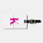 Étiquette À Bagage Rose Chaud Noir Initial Nom Monogrammé (Devant horizontal)