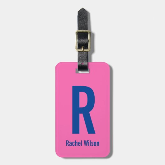 Étiquette À Bagage Rose chaud simple avec nom bleu et monogramme (Devant Vertical)