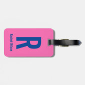 Étiquette À Bagage Rose chaud simple avec nom bleu et monogramme (Dos horizontal)