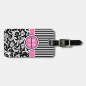 Étiquette À Bagage Rose Chic, Noir, Blancs, Monogramme (Devant horizontal)