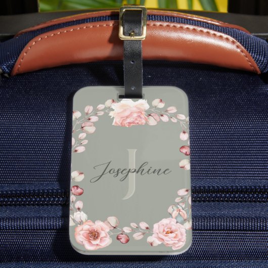 Étiquette À Bagage Rose d'aquarelle Wreath personnalisée | Vert sage (Insitu Rectoal 2)