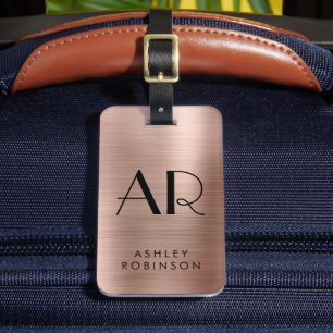 Étiquette À Bagage Rose élégant métal or Deux Monogrammes initial