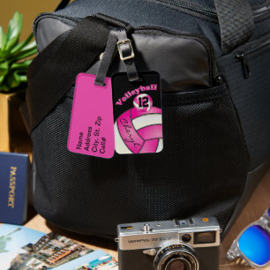 Étiquette À Bagage Rose et blanc avec Volley-ball sportif noir