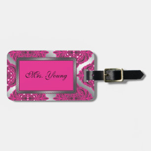 Étiquette À Bagage Rose fleuri de damassé, noir, argent