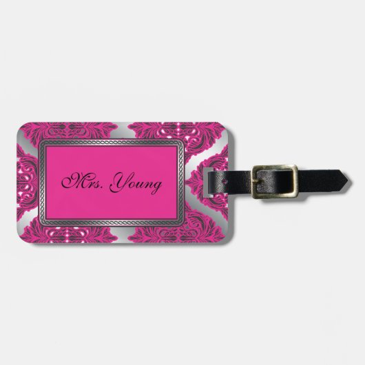Étiquette À Bagage Rose fleuri de damassé, noir, argent (Devant horizontal)
