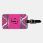 Étiquette À Bagage Rose fleuri de damassé, noir, argent (Devant horizontal)