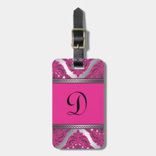 Étiquette À Bagage Rose fleuri de damassé, noir, argent