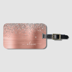Étiquette À Bagage Rose Gold Argent Paillettes Monogramme Métal Bross