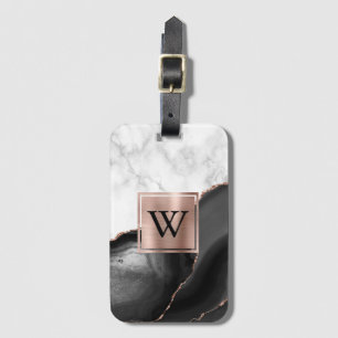 Étiquette À Bagage Rose Gold Blanc Marbre Monogramme Agate Noir