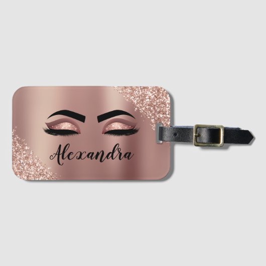 Étiquette À Bagage Rose Gold Blush Pink Monogram Glitter Eyelashes (Devant Horizontal)
