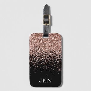 Étiquette À Bagage Rose Gold Blush Rose Noir Paillettes Monogramme