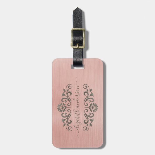 Étiquette À Bagage Rose Gold brossé métal Monogramme Nom Script (Devant Vertical)