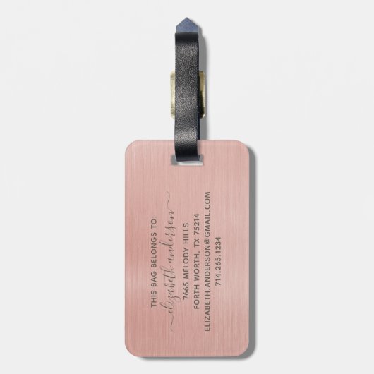 Étiquette À Bagage Rose Gold brossé métal Monogramme Nom Script (Dos Vertical)