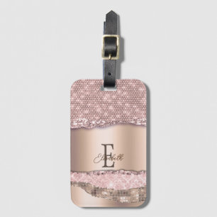 Étiquette À Bagage Rose Gold Diamants Pailletés Monogramme Tendance