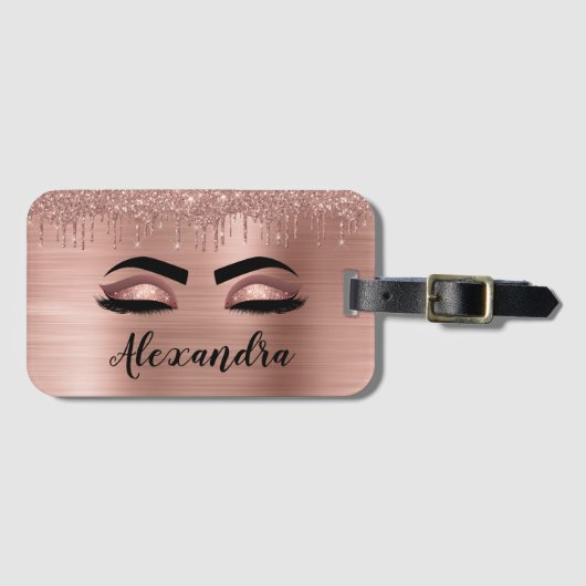 Étiquette À Bagage Rose Gold Glitter Sparkle Eyelashes Monogram (Devant Horizontal)