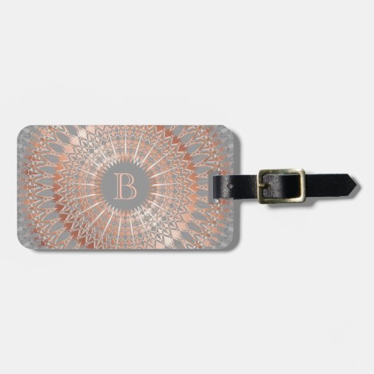 Étiquette À Bagage Rose Gold Gris Mandala Monogramme (Devant horizontal)