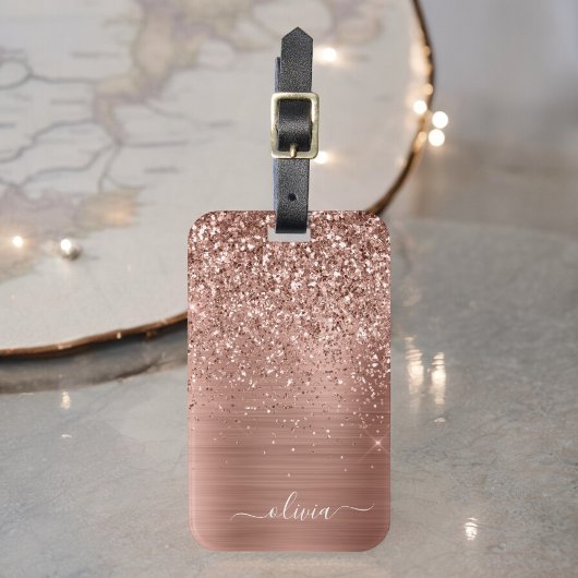 Étiquette À Bagage Rose Gold Métal Brossé Glitter Monogramme