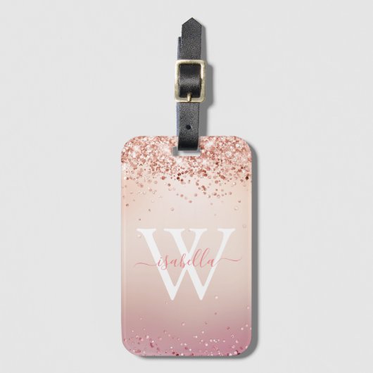 Étiquette À Bagage Rose Gold Pailleté Élégant Nom de Script Monogramm (Devant Vertical)