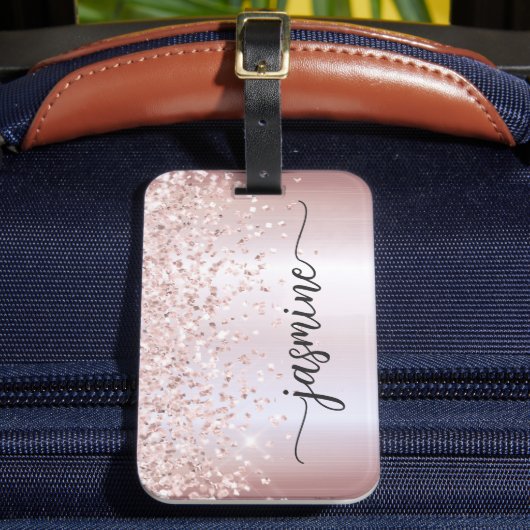 Étiquette À Bagage Rose Gold Pailleté Script Nom Monogramme Féminin (Insitu Rectoal 2)