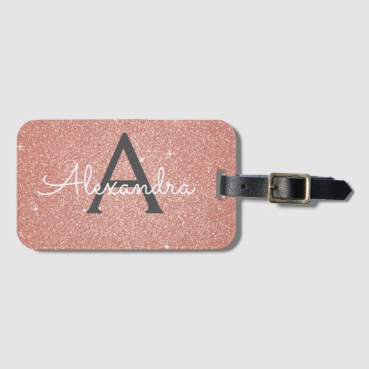Étiquette À Bagage Rose Gold Pink Sparkle Glitter Monogram Nom (Devant Horizontal)