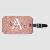 Étiquette À Bagage Rose Gold Pink Sparkle Glitter Monogram Nom (Devant Horizontal)