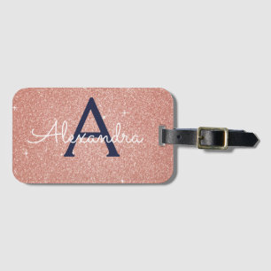 Étiquette À Bagage Rose Gold Rose Clair Navy Bleu Paillettes Monogram