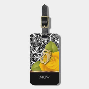 Étiquette À Bagage Rose jaune Design floral Monogramme