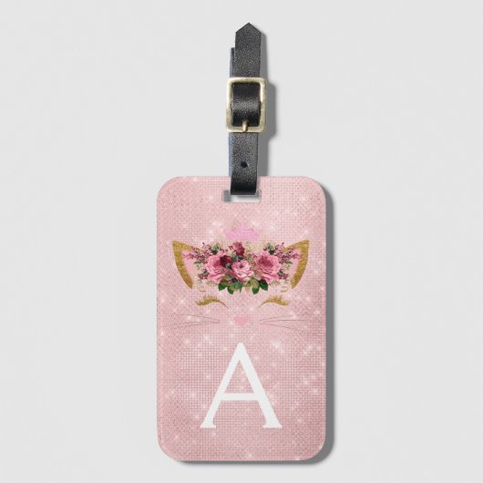 Étiquette À Bagage Rose Kitty Sparkle Princess Monogramme Nom (Devant Vertical)