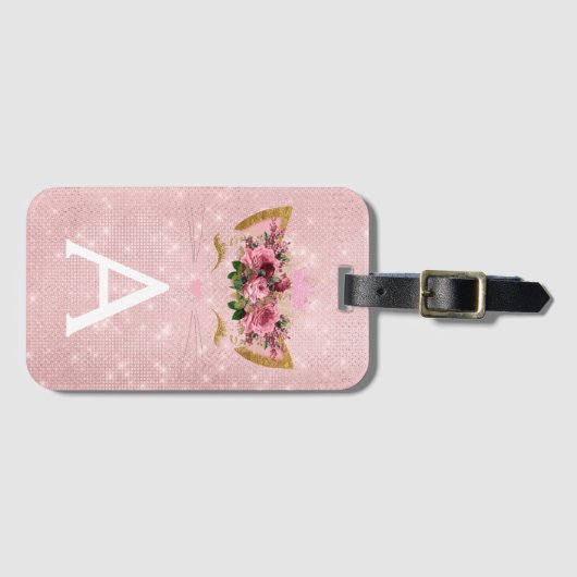Étiquette À Bagage Rose Kitty Sparkle Princess Monogramme Nom (Devant Horizontal)