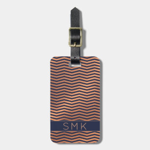 Étiquette À Bagage Rose moderne Gold Foil Marine Blue Chevron Monogra